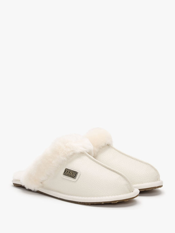 Pale Leather Sheepskin Closed Mule Slippers