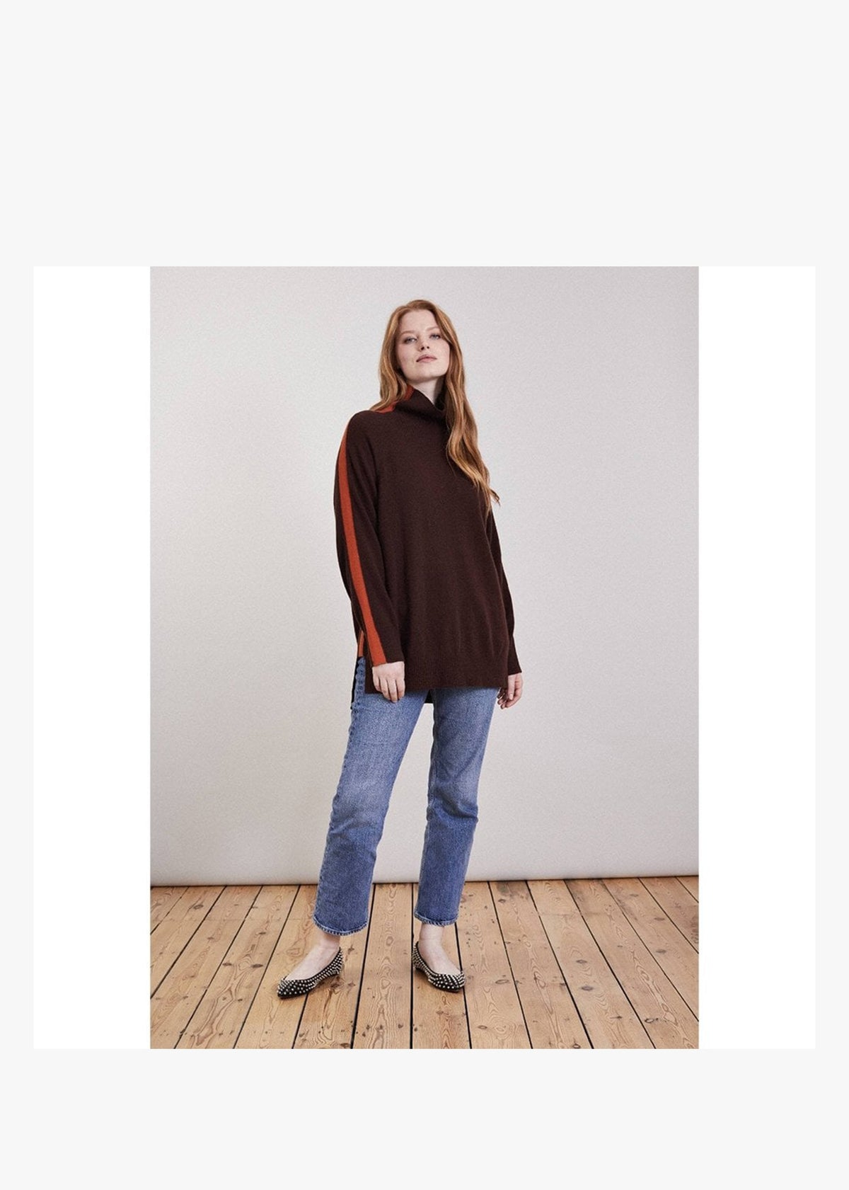 Cashmere Chocolate & Orange Boyfriend Polo Neck Sweater