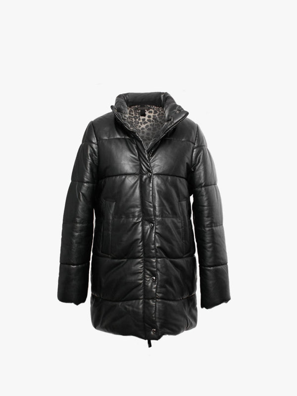 Fame Black Leather Fur Hooded Coat