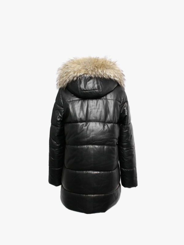 Fame Black Leather Fur Hooded Coat