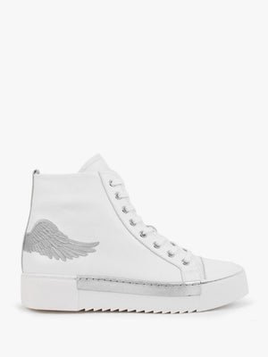 Angels White Leather Silver Wing High Top Trainers