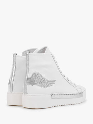 Angels White Leather Silver Wing High Top Trainers