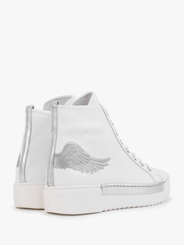 Angels White Leather Silver Wing High Top Trainers