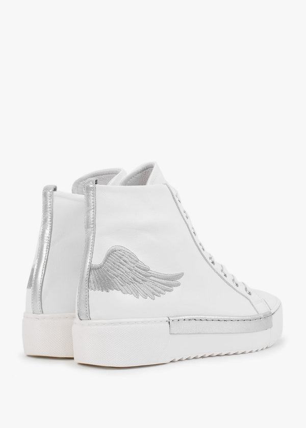 Angels White Leather Silver Wing High Top Trainers