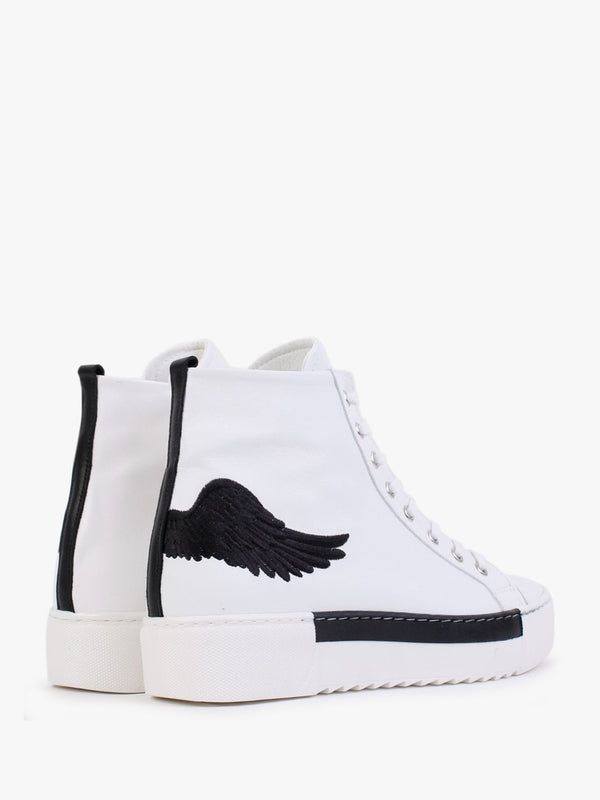 Angels White Leather Black Wing High Top Trainers