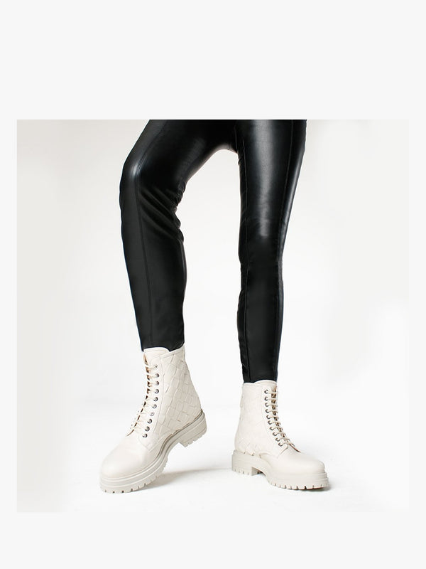 Novel Cream Leather Woven Ankle Boots