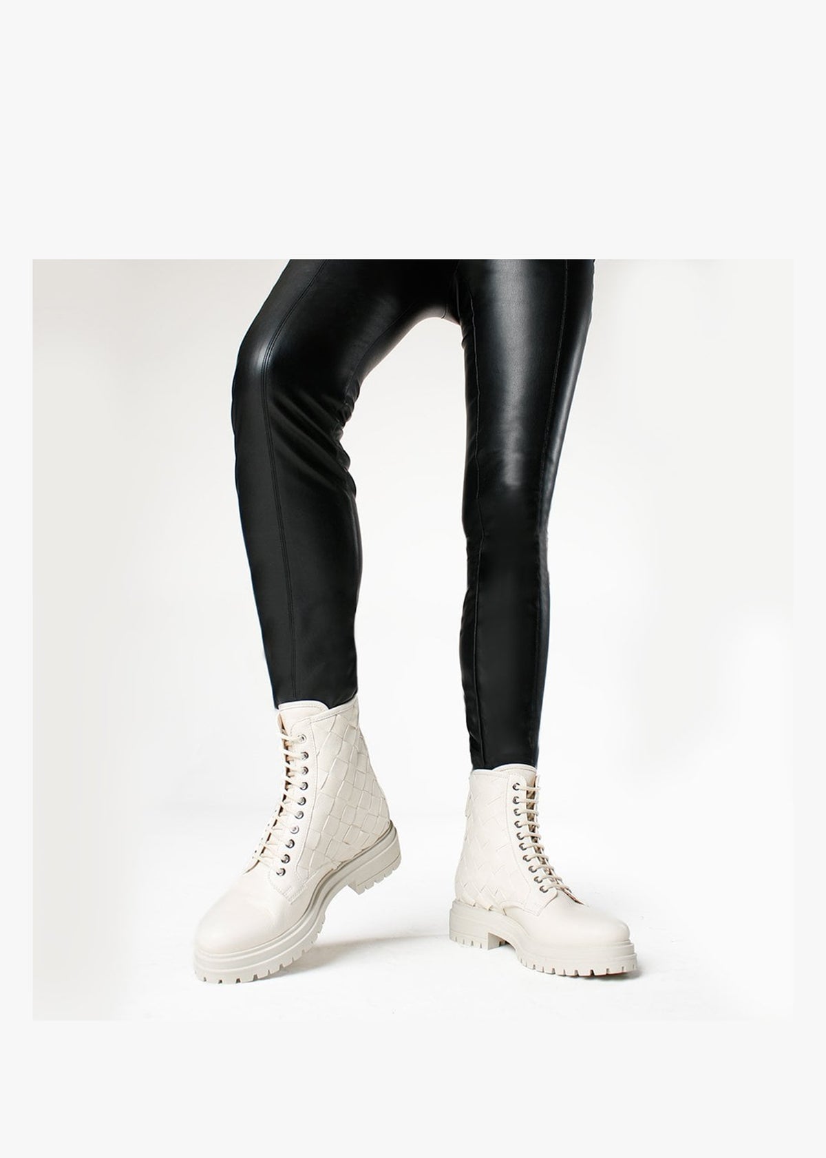 Novel Cream Leather Woven Ankle Boots