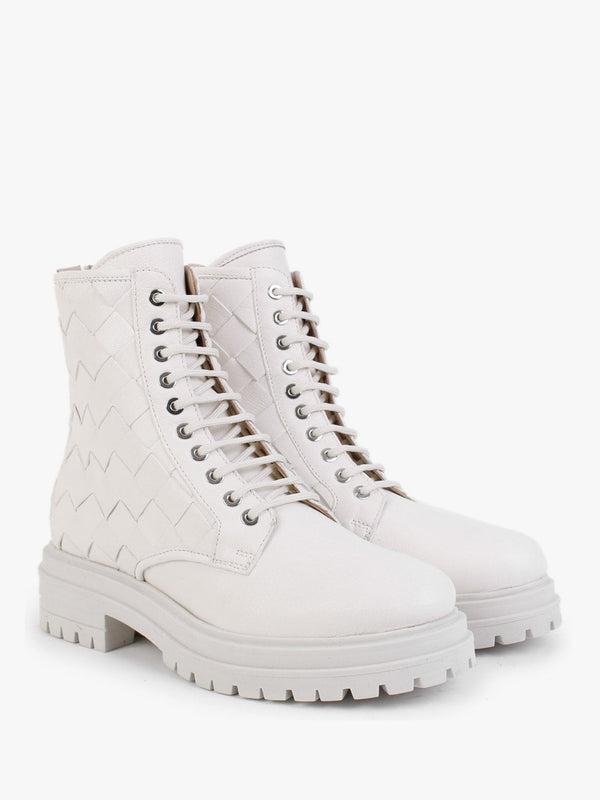 Novel Cream Leather Woven Ankle Boots