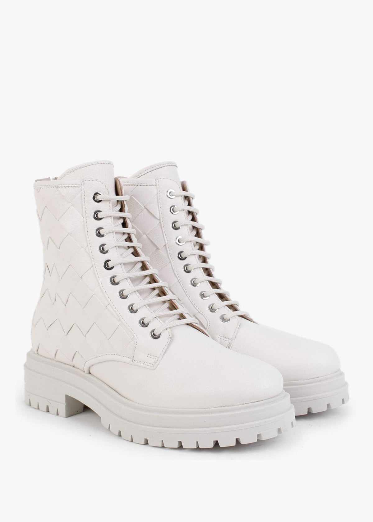 Novel Cream Leather Woven Ankle Boots