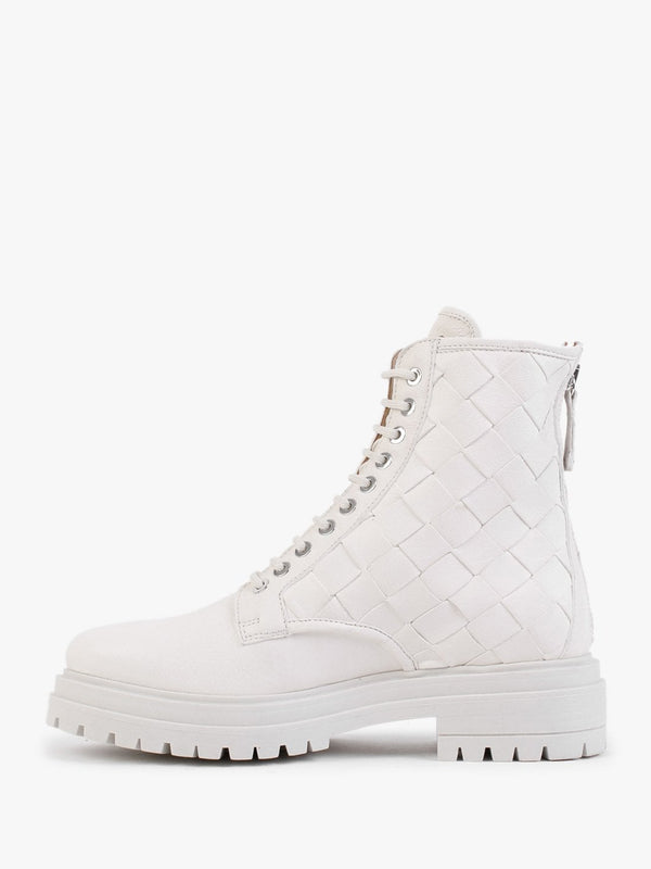 Novel Cream Leather Woven Ankle Boots