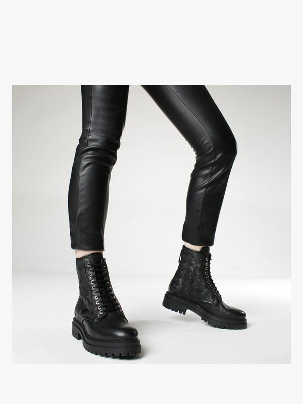 Novel Black Leather Woven Ankle Boots