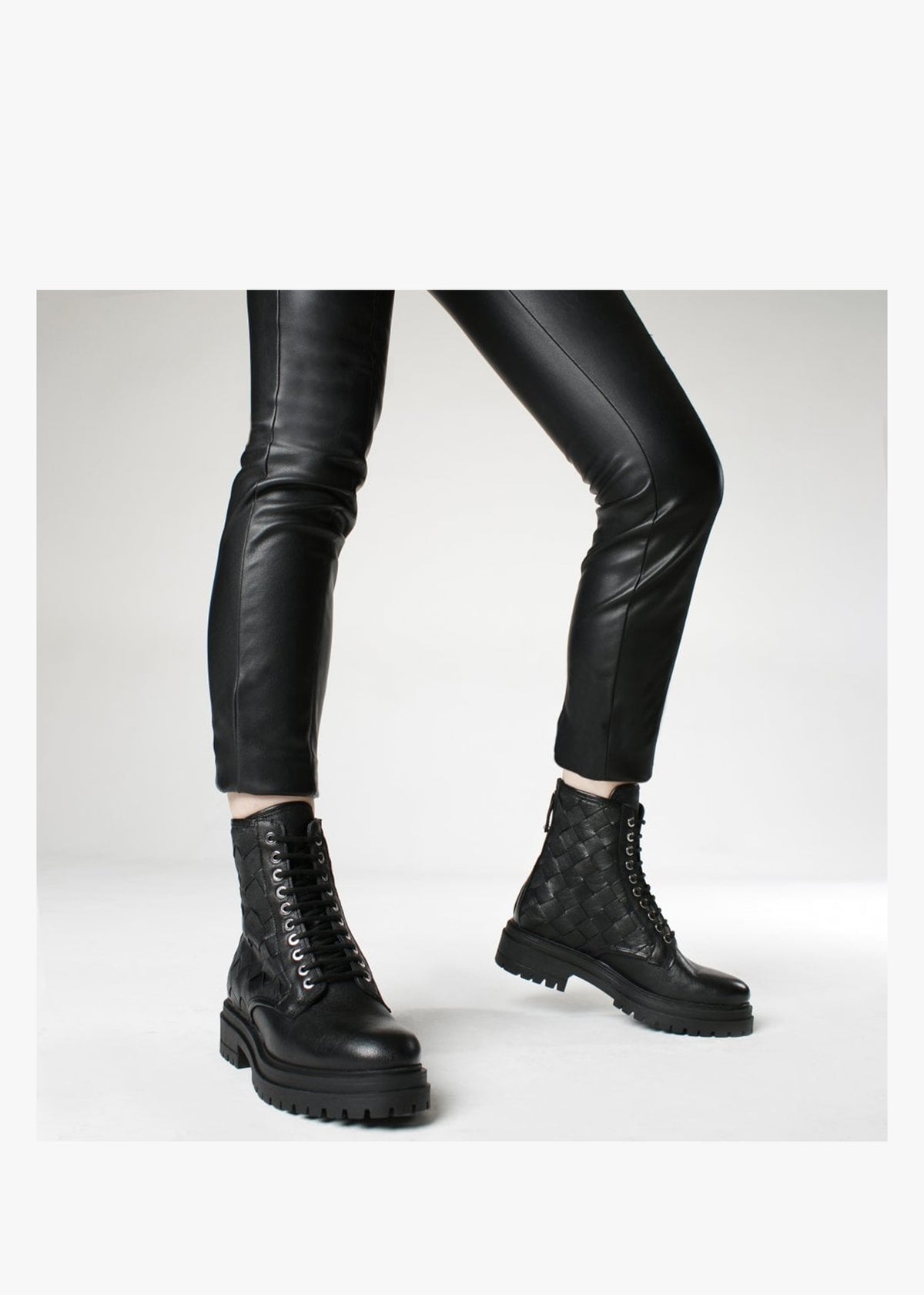 Novel Black Leather Woven Ankle Boots