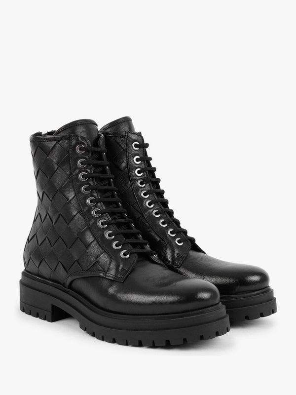 Novel Black Leather Woven Ankle Boots