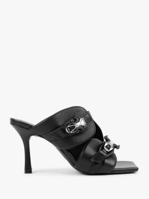 Ellen Black Leather Double Buckle Strappy Heeled Sandals