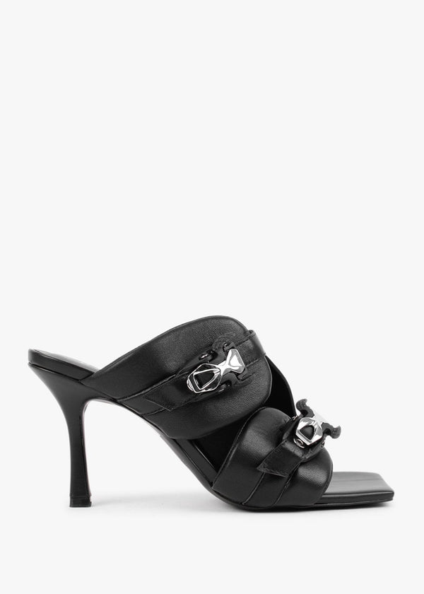 Ellen Black Leather Double Buckle Strappy Heeled Sandals