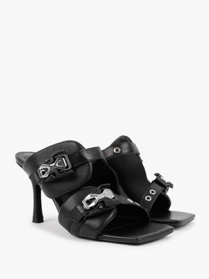 Ellen Black Leather Double Buckle Strappy Heeled Sandals