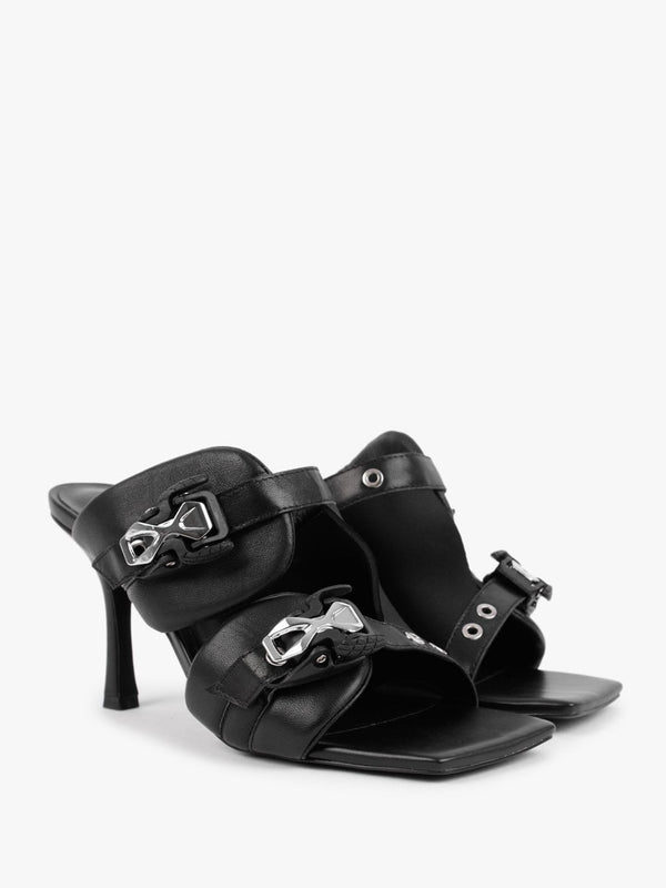 Ellen Black Leather Double Buckle Strappy Heeled Sandals