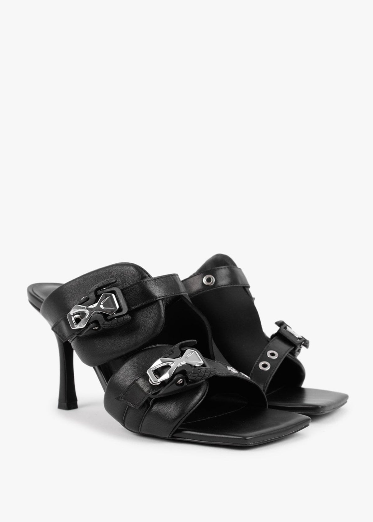 Ellen Black Leather Double Buckle Strappy Heeled Sandals
