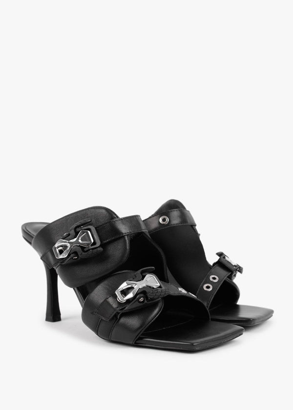 Ellen Black Leather Double Buckle Strappy Heeled Sandals
