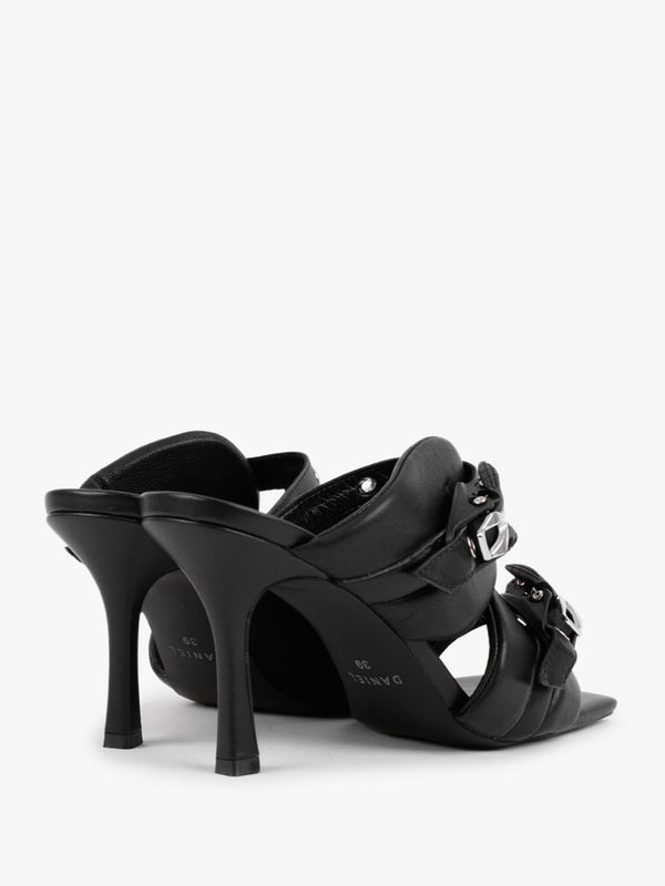 Ellen Black Leather Double Buckle Strappy Heeled Sandals