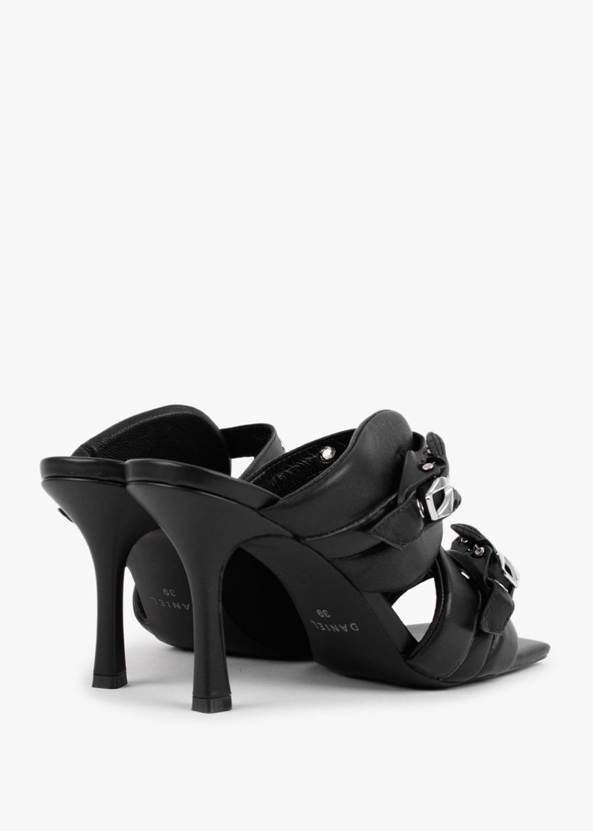 Ellen Black Leather Double Buckle Strappy Heeled Sandals