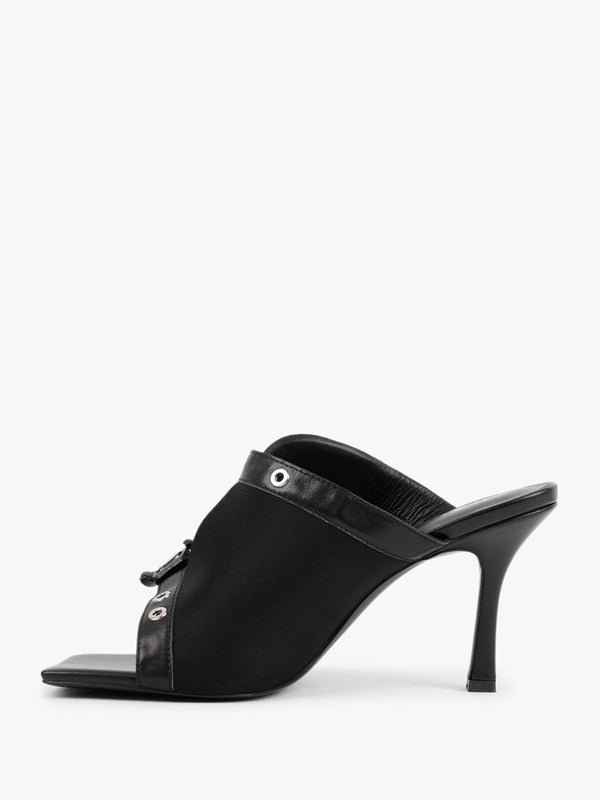 Ellen Black Leather Double Buckle Strappy Heeled Sandals