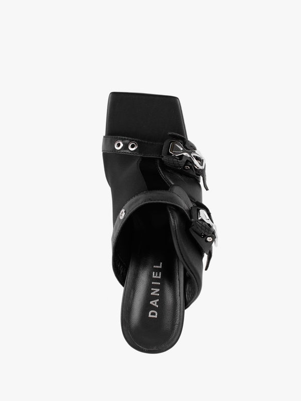 Ellen Black Leather Double Buckle Strappy Heeled Sandals