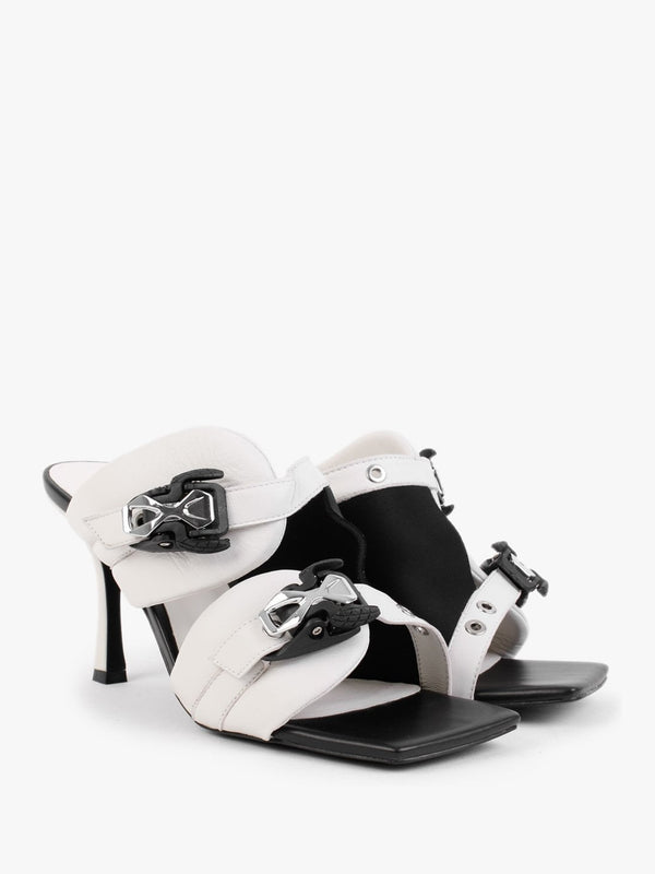 Ellen Cream & Black Leather Double Buckle Strappy Heeled Sandals