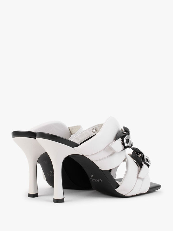 Ellen Cream & Black Leather Double Buckle Strappy Heeled Sandals