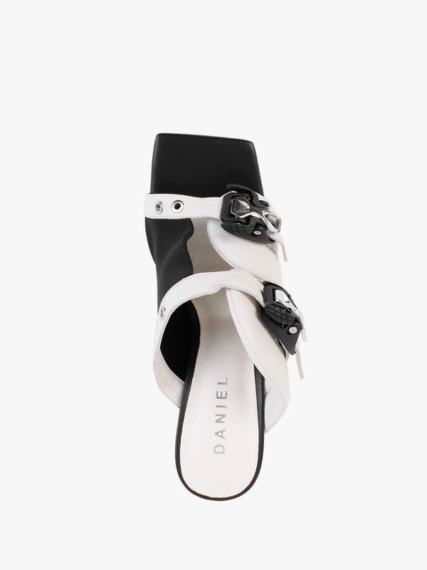 Ellen Cream & Black Leather Double Buckle Strappy Heeled Sandals