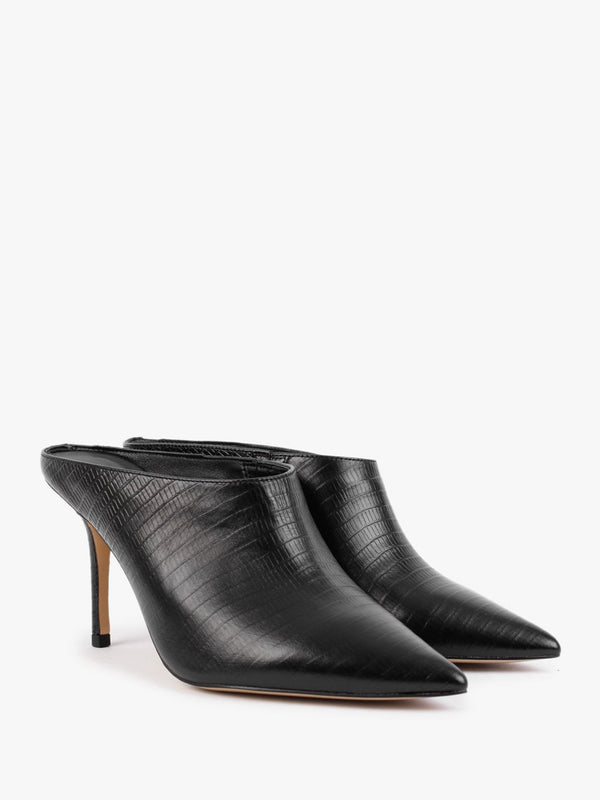 Elsie Black Leather Reptile Heeled Mules
