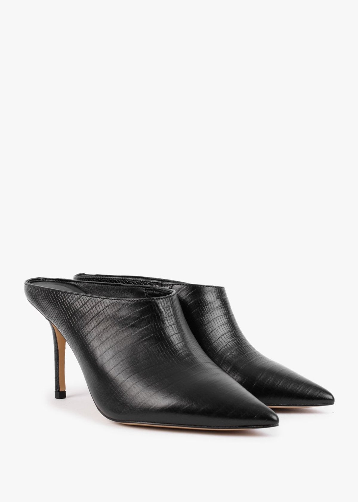 Elsie Black Leather Reptile Heeled Mules