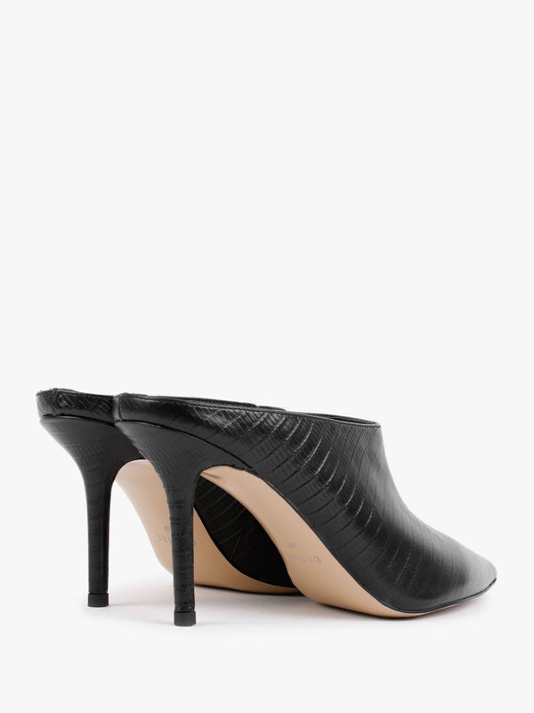Elsie Black Leather Reptile Heeled Mules
