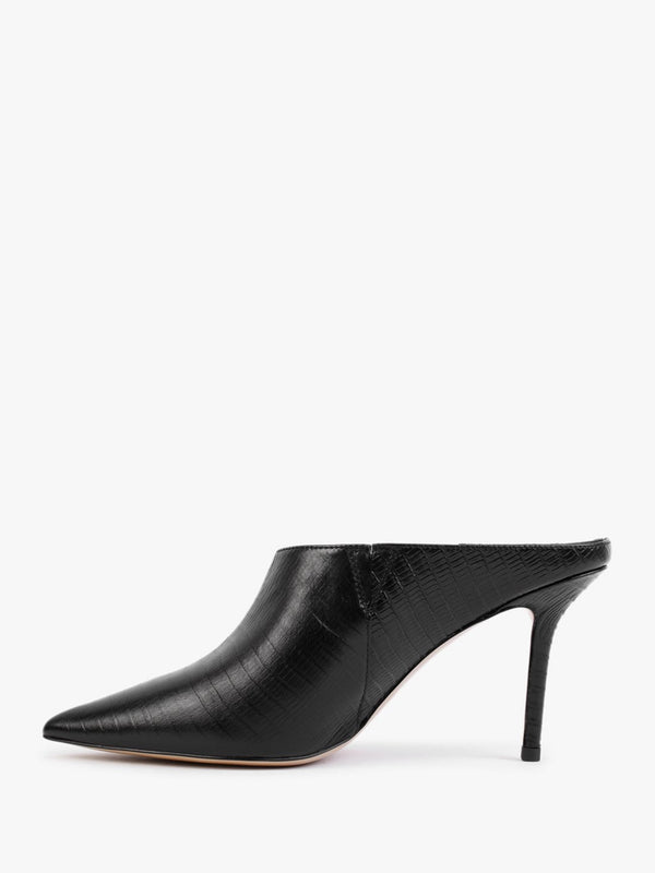 Elsie Black Leather Reptile Heeled Mules