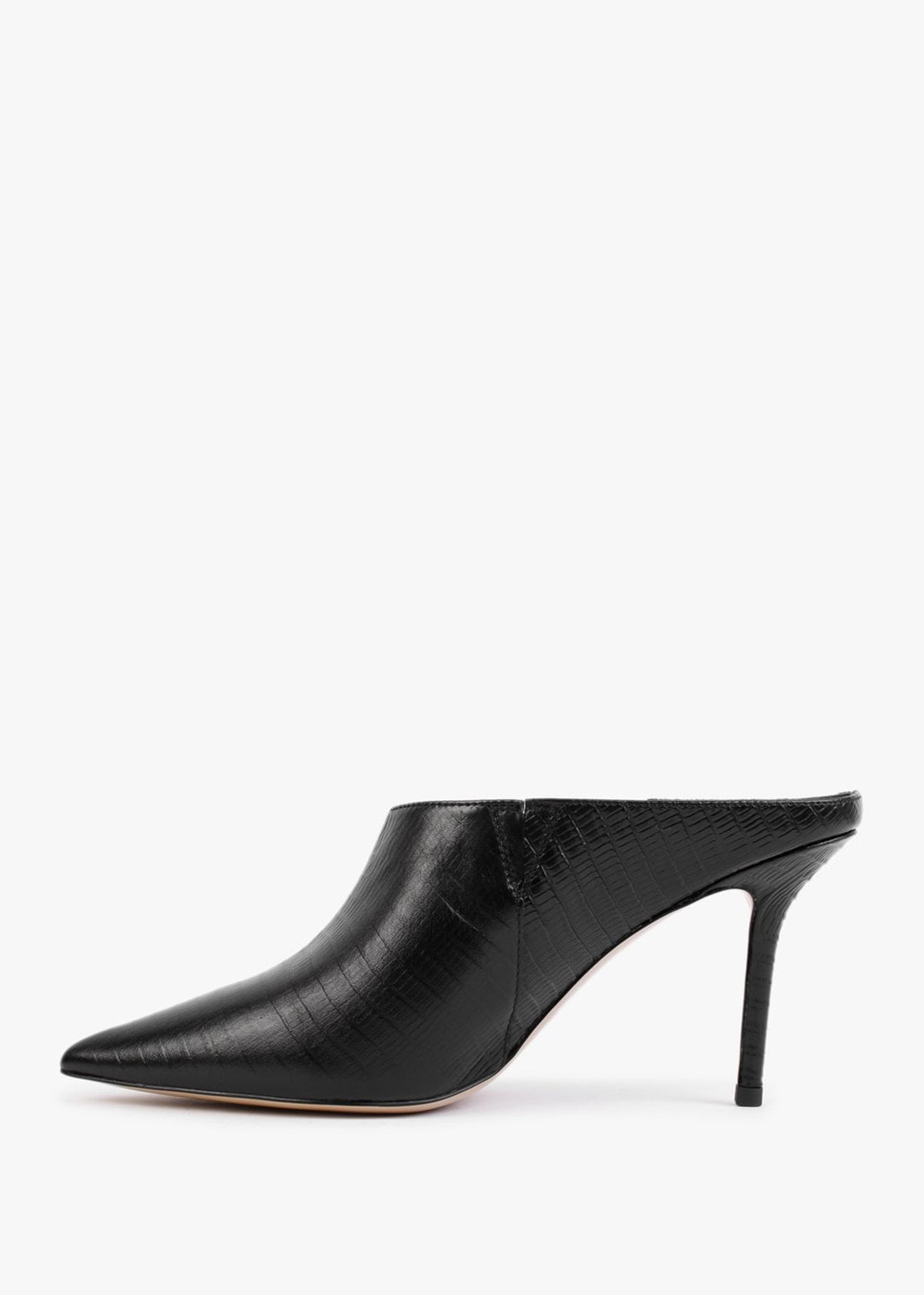 Elsie Black Leather Reptile Heeled Mules