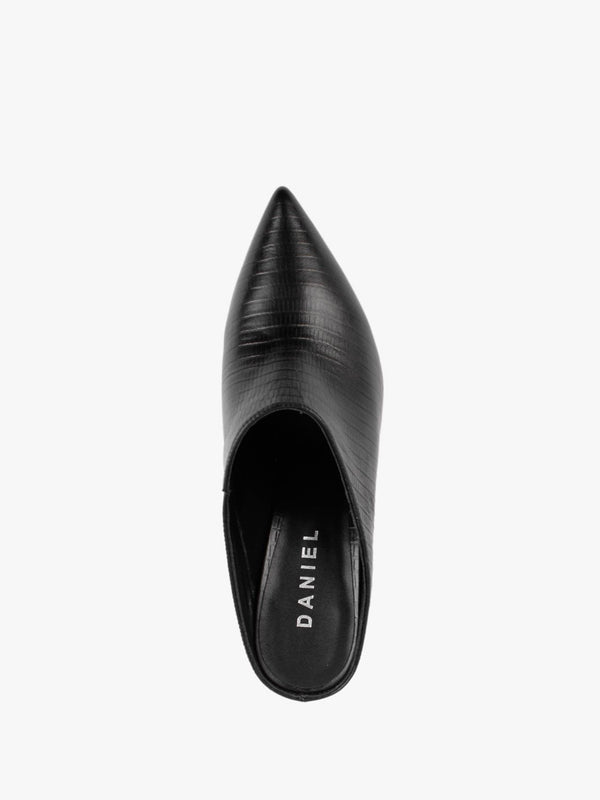 Elsie Black Leather Reptile Heeled Mules