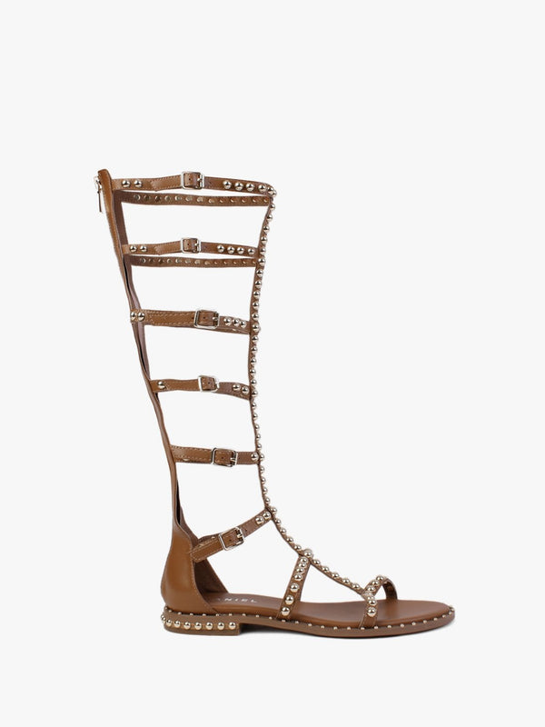 Endless Tan Leather Studded Knee High Gladiator Sandals