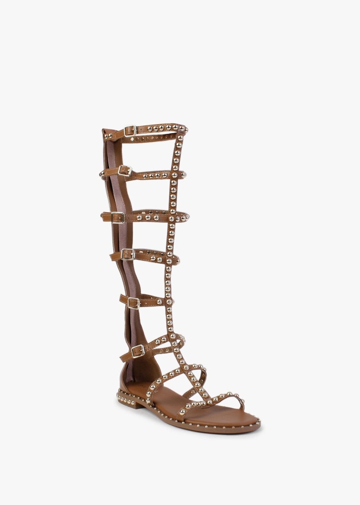 Endless Tan Leather Studded Knee High Gladiator Sandals