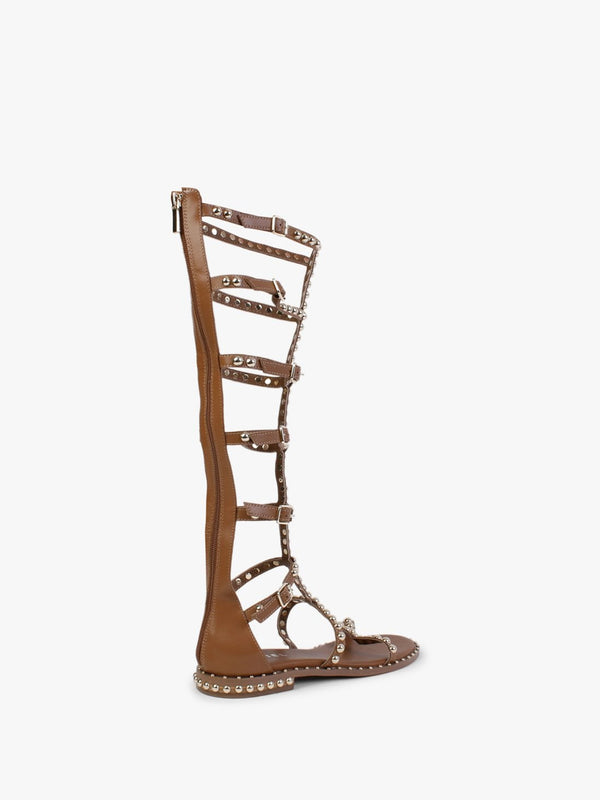 Endless Tan Leather Studded Knee High Gladiator Sandals