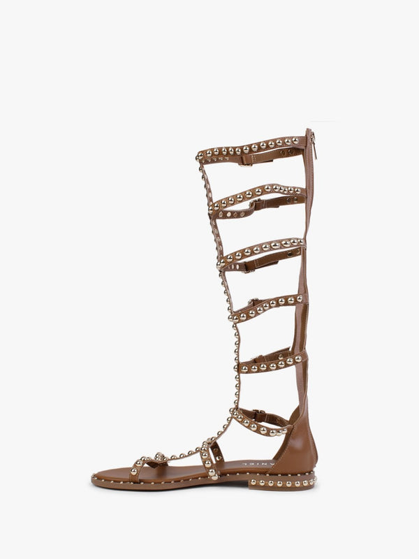 Endless Tan Leather Studded Knee High Gladiator Sandals