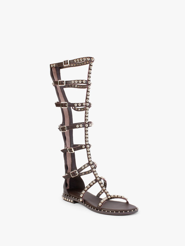 Endless Brown Leather Studded Knee High Gladiator Sandals