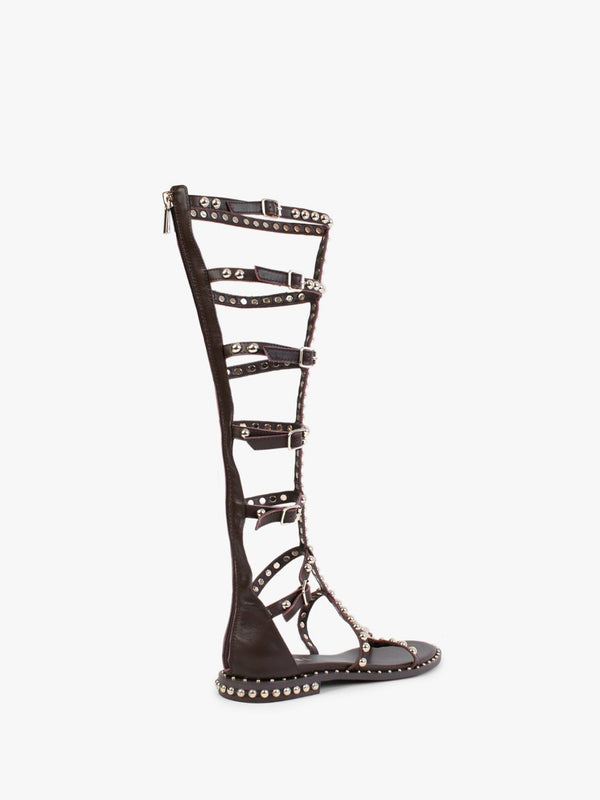 Endless Brown Leather Studded Knee High Gladiator Sandals