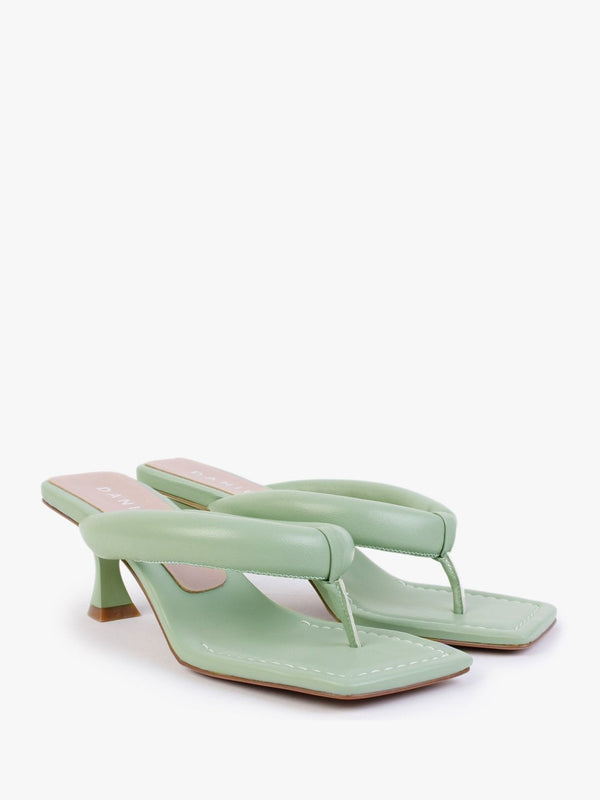 Evelyn Green Leather Pillow Strap Heeled Sandals