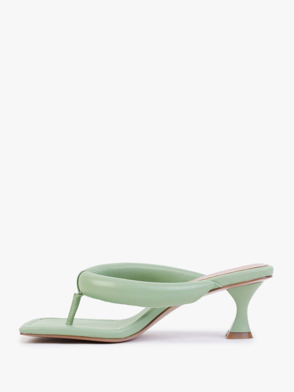 Evelyn Green Leather Pillow Strap Heeled Sandals