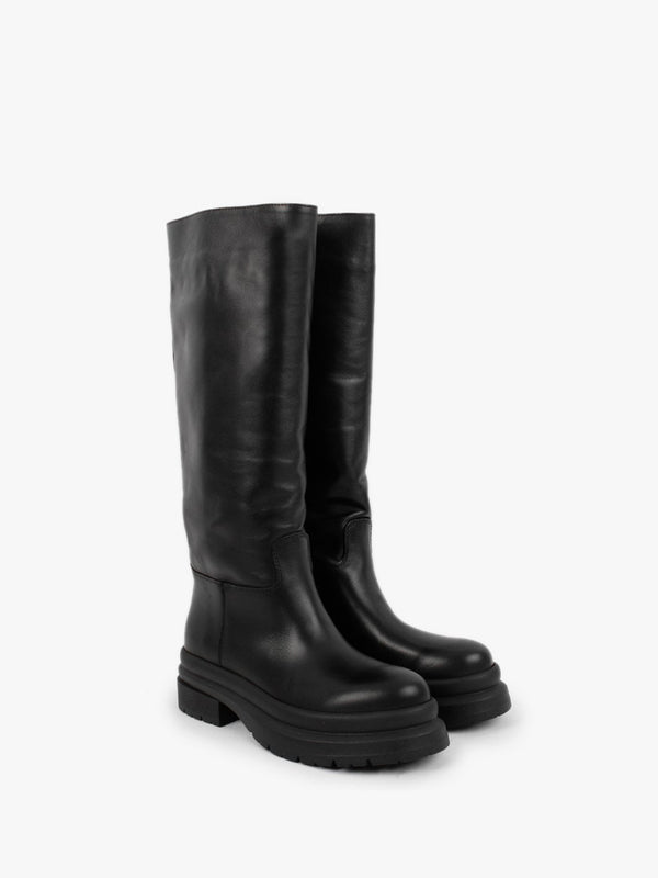 Kereden Black Leather Chunky Lug Sole Knee Boots