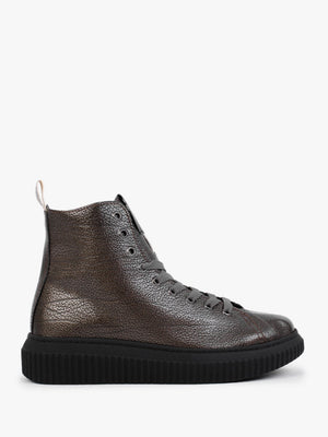 Pewter Pebbled Leather Lace Up Ankle Boots