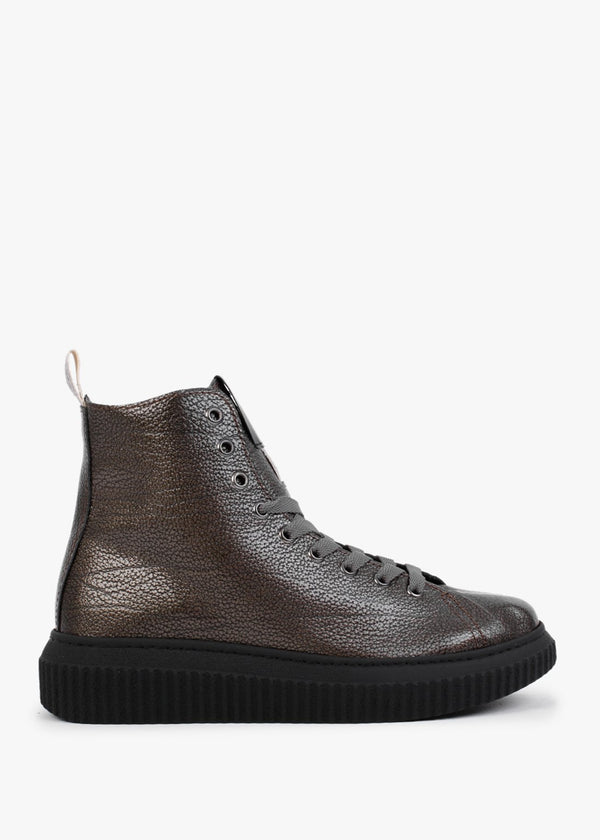Pewter Pebbled Leather Lace Up Ankle Boots