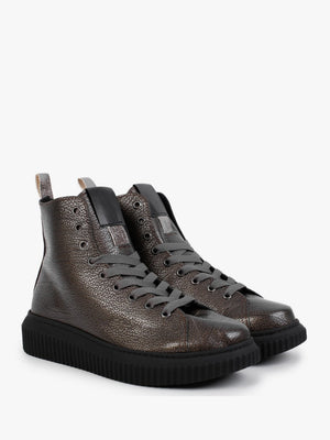 Pewter Pebbled Leather Lace Up Ankle Boots