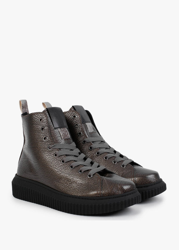 Pewter Pebbled Leather Lace Up Ankle Boots