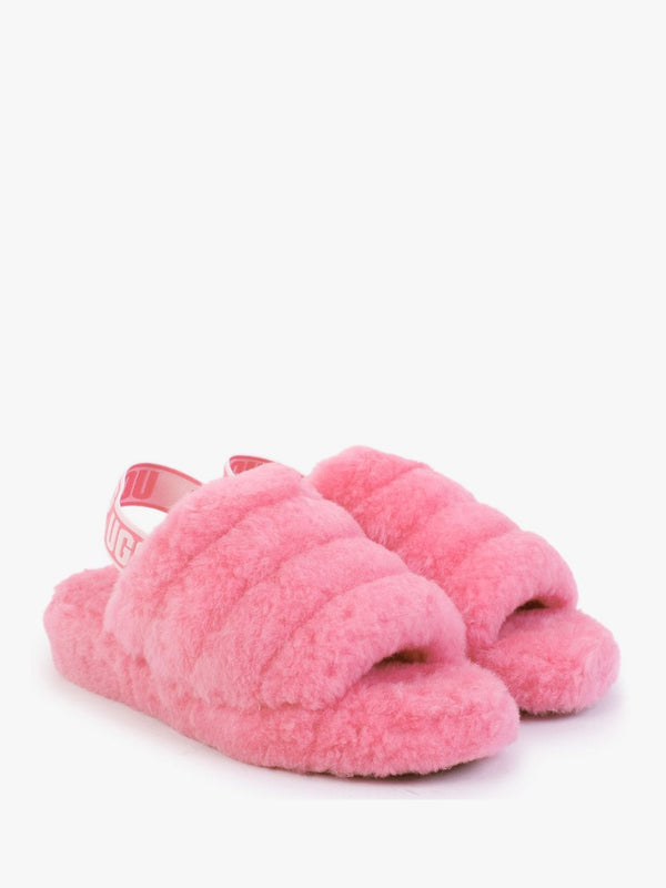 Fluff Yeah Logo Pink Rose Sheepskin Sliders